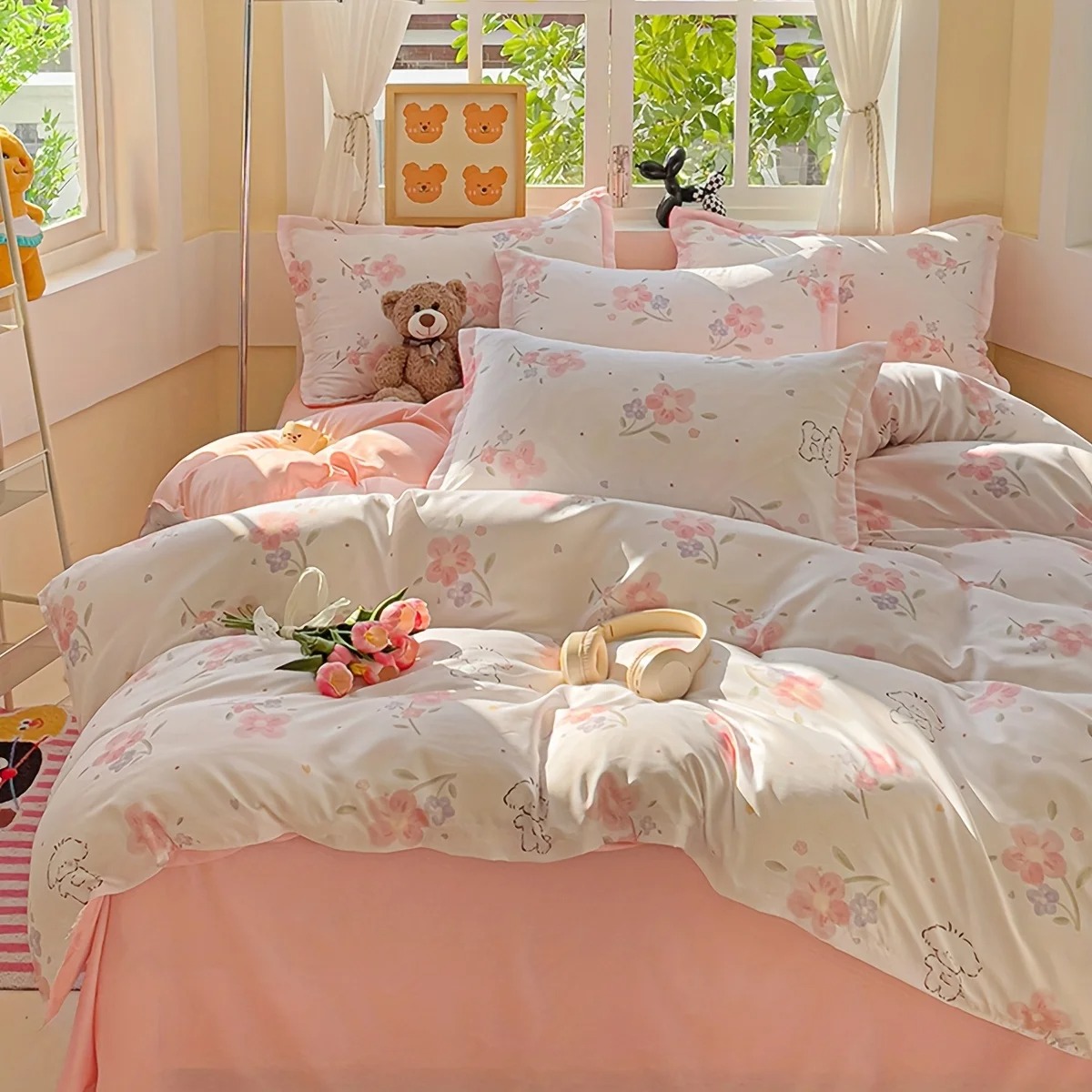 4Pcs Soft Plain Floral Plant P - Duvet Cover Sets With Zipper 评论和价格