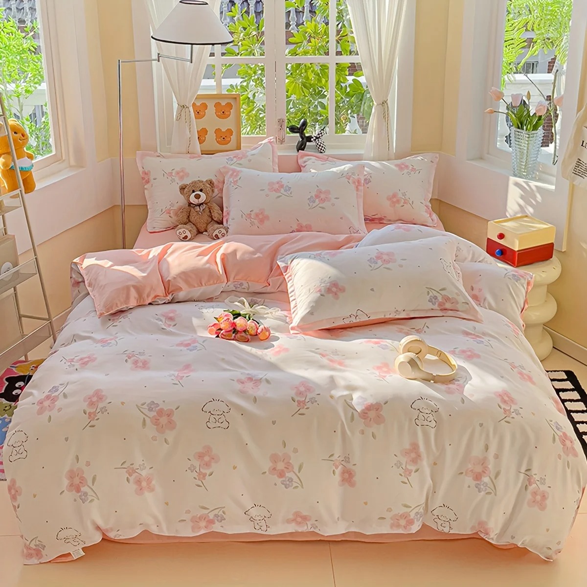 4Pcs Soft Plain Floral Plant P - Duvet Cover Sets With Zipper 评论和价格