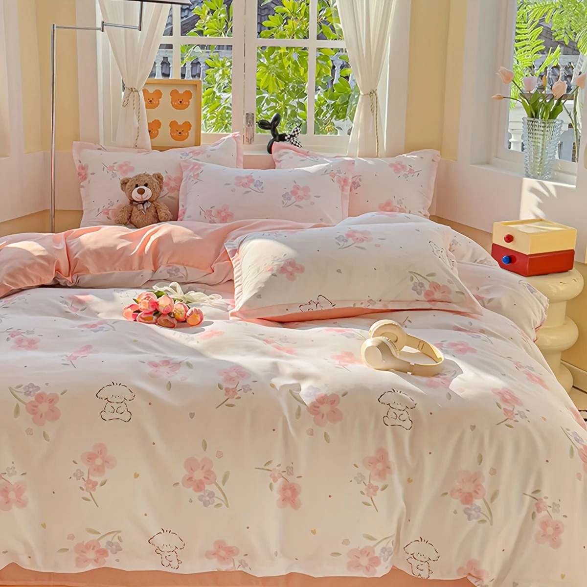 4Pcs Soft Plain Floral Plant P - Duvet Cover Sets With Zipper 评论和价格