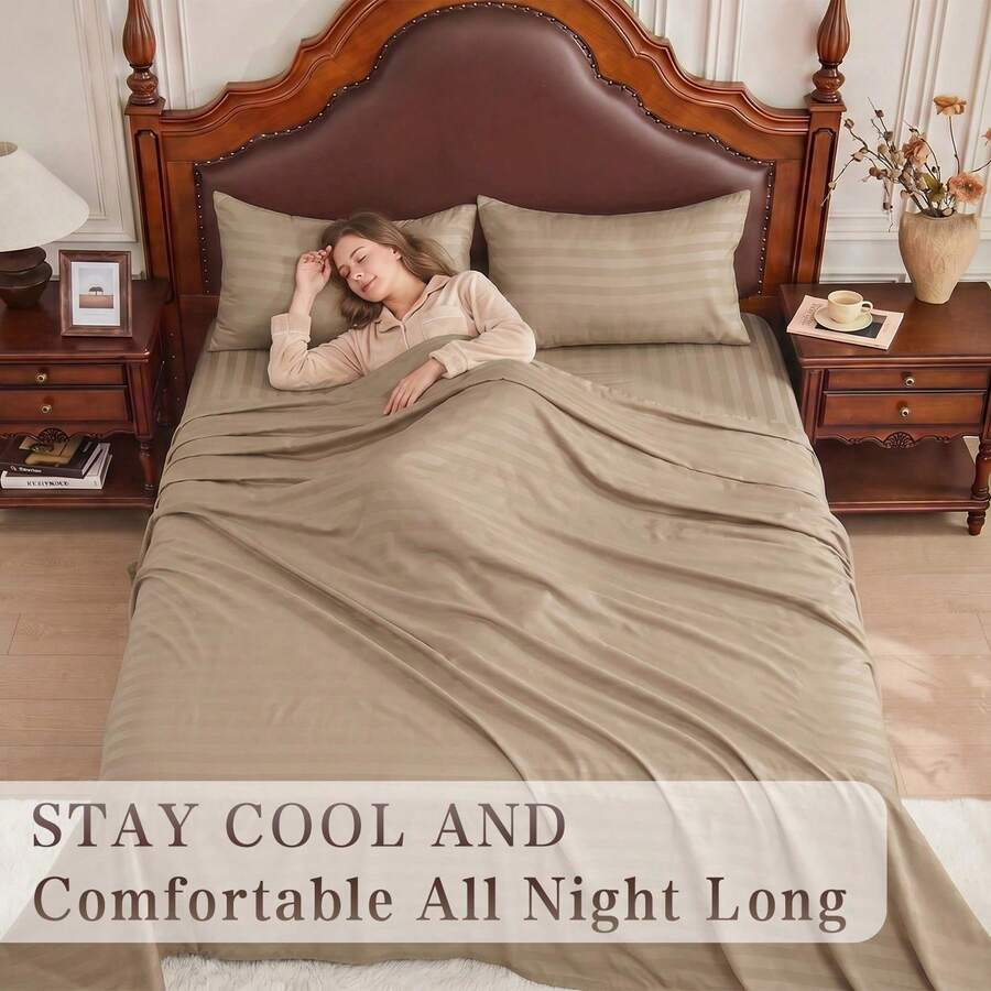 Striped Cooling Sheets Set Kin - Fitted Bed Sheets Deep Pocket 评论和价格