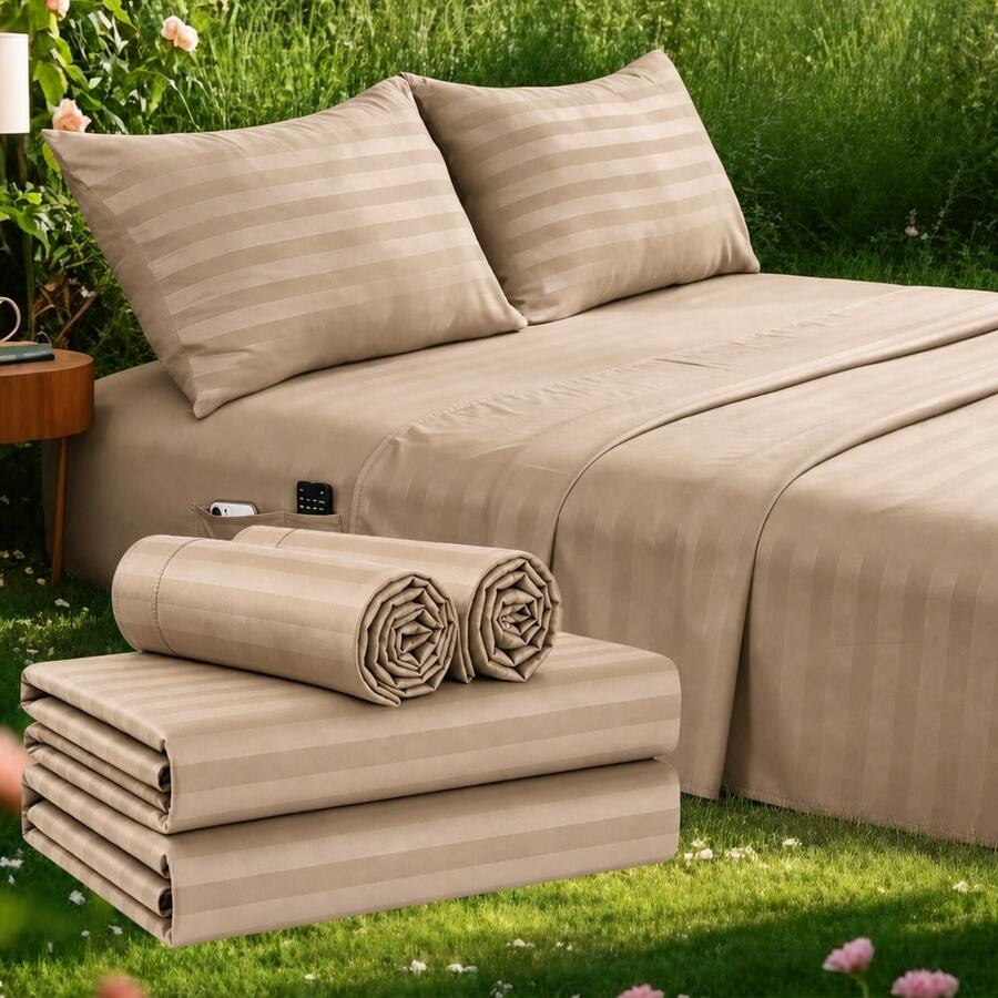 Striped Cooling Sheets Set Kin - Fitted Bed Sheets Deep Pocket 评论和价格