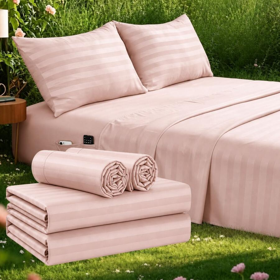 Striped Cooling Sheets Set Kin - Fitted Bed Sheets Deep Pocket 评论和价格