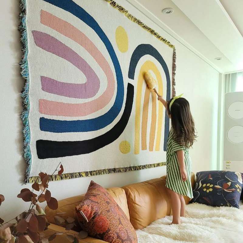 Textile City Abstract Rainbow  - Boho Throw Blanket Fringe 评论和价格