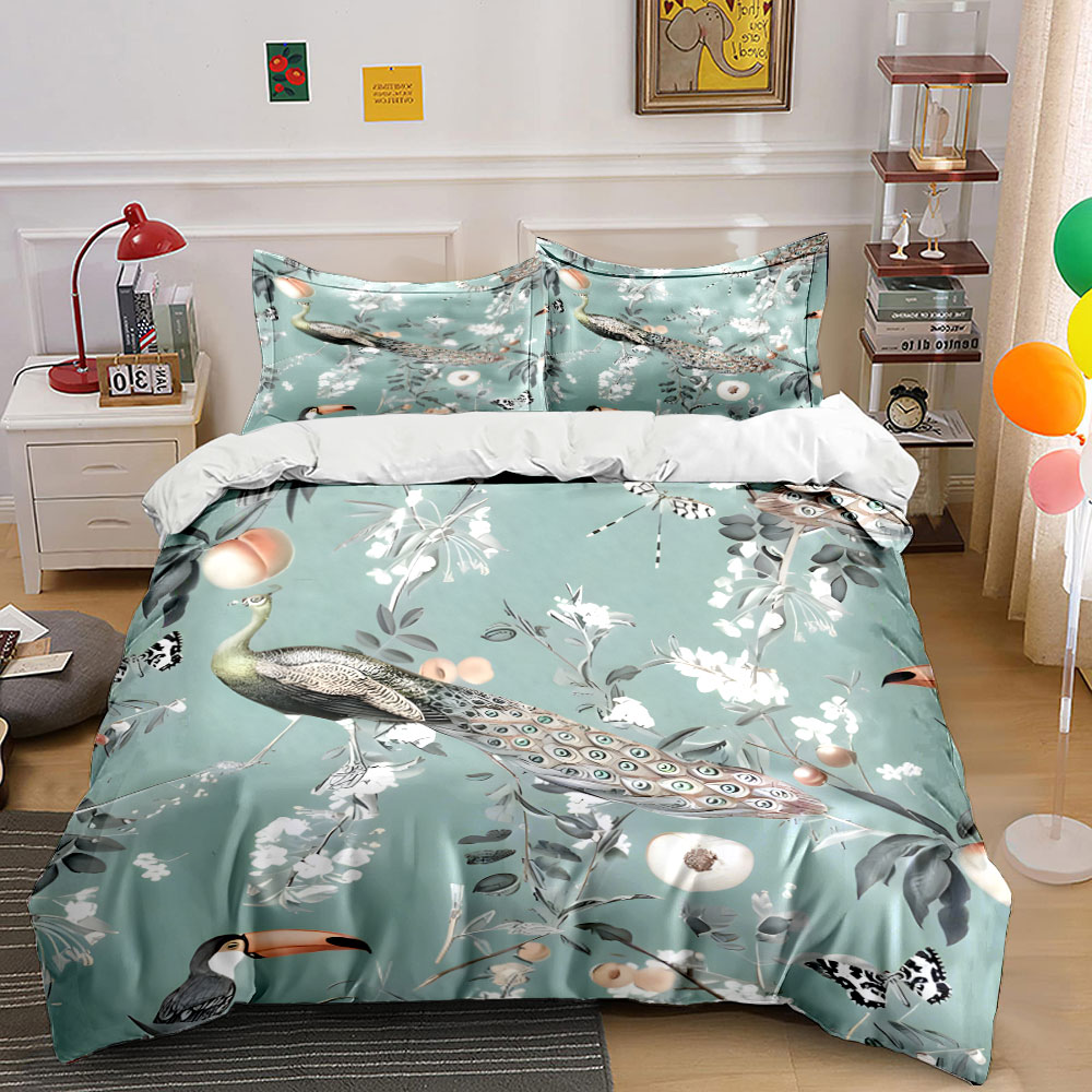 3PC Peacock Toucan Floral Bedd - Aesthetic Floral Duvet Cover 评论和价格