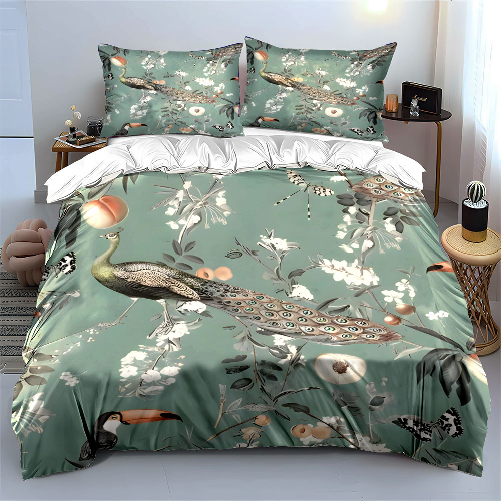 3PC Peacock Toucan Floral Bedd - Aesthetic Floral Duvet Cover 评论和价格