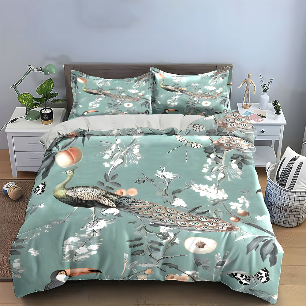 3PC Peacock Toucan Floral Bedd - Aesthetic Floral Duvet Cover 评论和价格