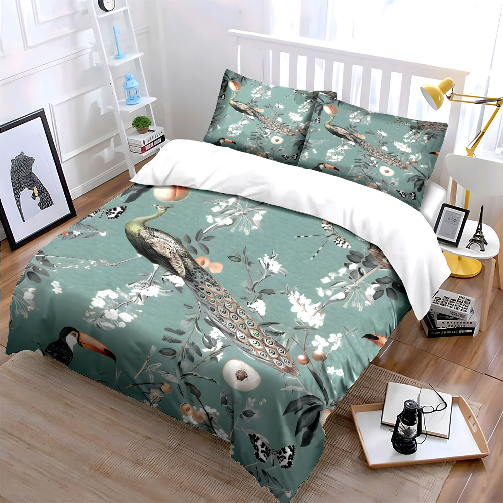 3PC Peacock Toucan Floral Bedd - Aesthetic Floral Duvet Cover 评论和价格