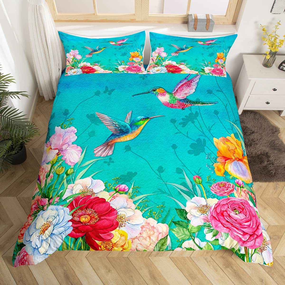 Hummingbird Bedding Set Luxury - Aesthetic Floral Duvet Cover 评论和价格