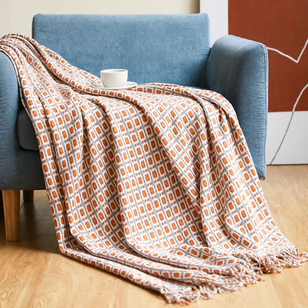 Geometric Grid Jacquard Woven  - Boho Throw Blanket Fringe 评论和价格