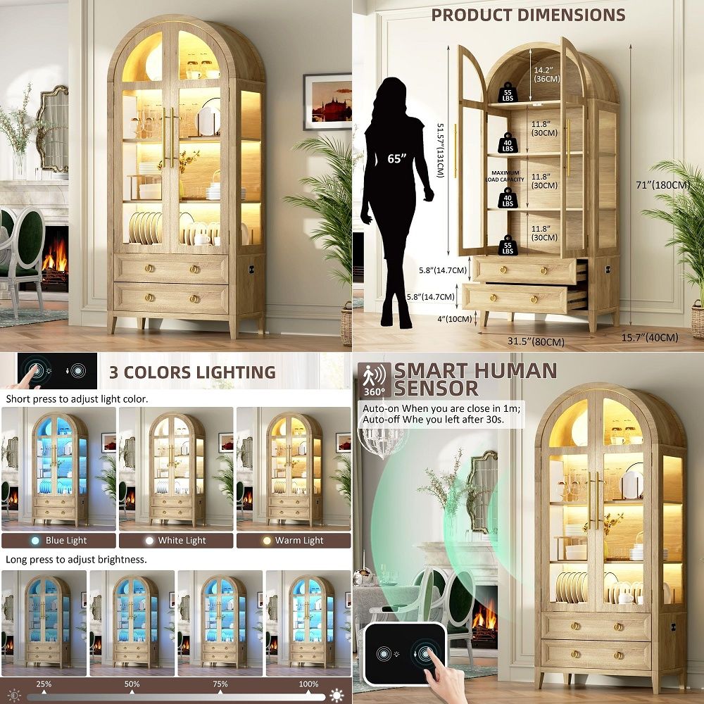 71 Arched Curio Cabinet with G - Lighting 评论和价格