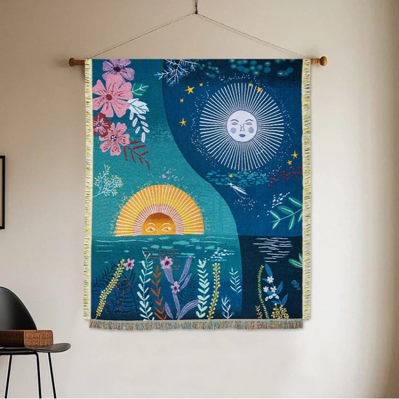 Celestial Sun Moon Woven Tapes - Boho Throw Blanket Fringe 评论和价格