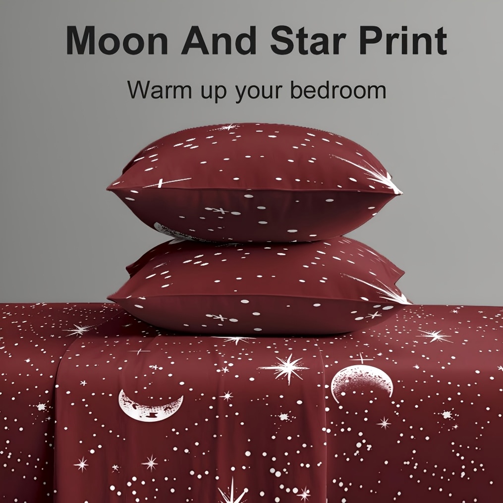 4Pcs Red Moon And Star Print M - Fitted Bed Sheets Deep Pocket 评论和价格