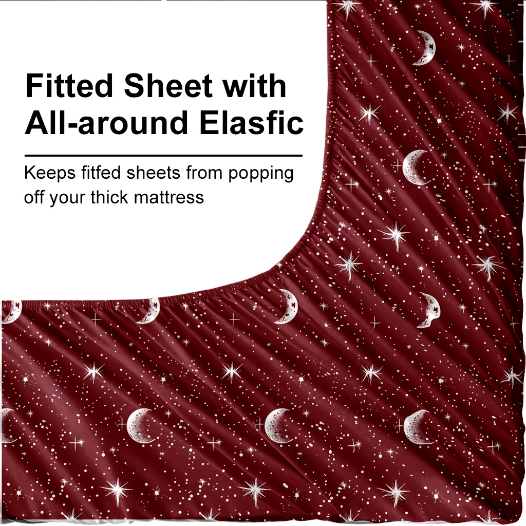 4Pcs Red Moon And Star Print M - Fitted Bed Sheets Deep Pocket 评论和价格