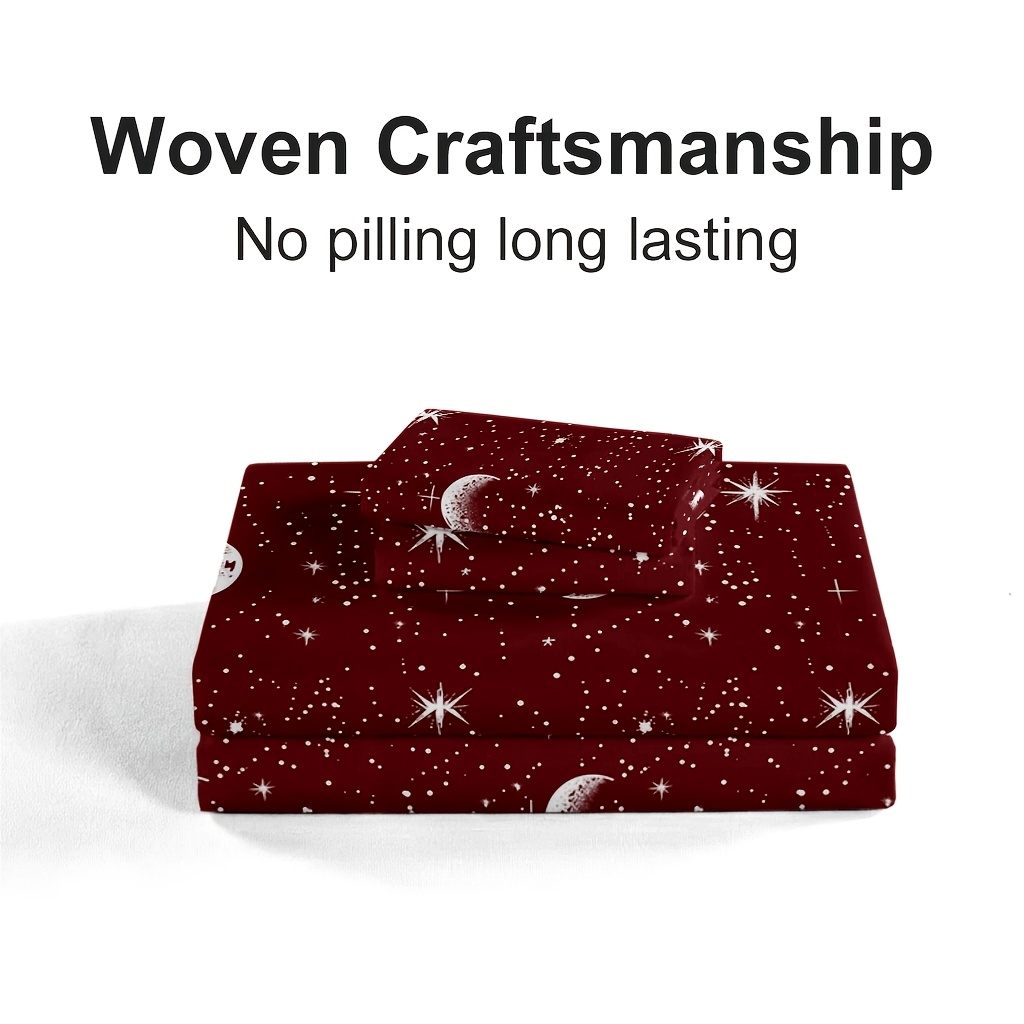 4Pcs Red Moon And Star Print M - Fitted Bed Sheets Deep Pocket 评论和价格