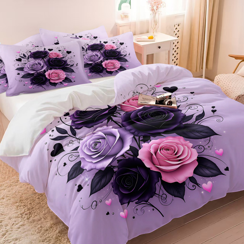 Purple Black Pink Rose Heart D - Aesthetic Floral Duvet Cover 评论和价格