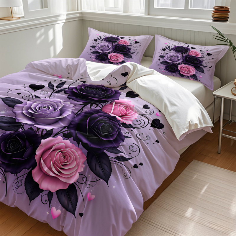 Purple Black Pink Rose Heart D - Aesthetic Floral Duvet Cover 评论和价格