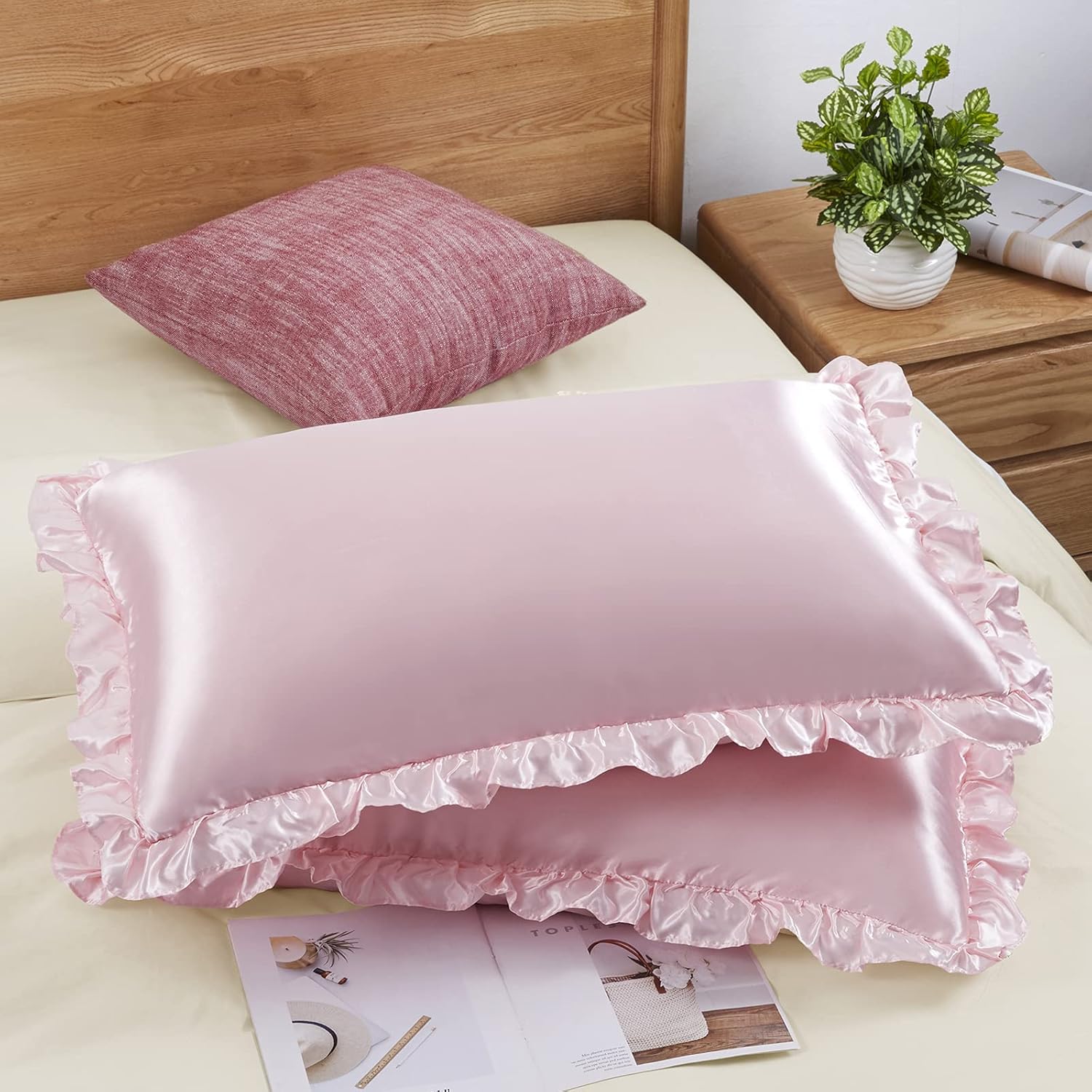 2Pcs Satin Ruffled Pillow Case - Satin Silk Pillowcase Hair Skin 评论和价格